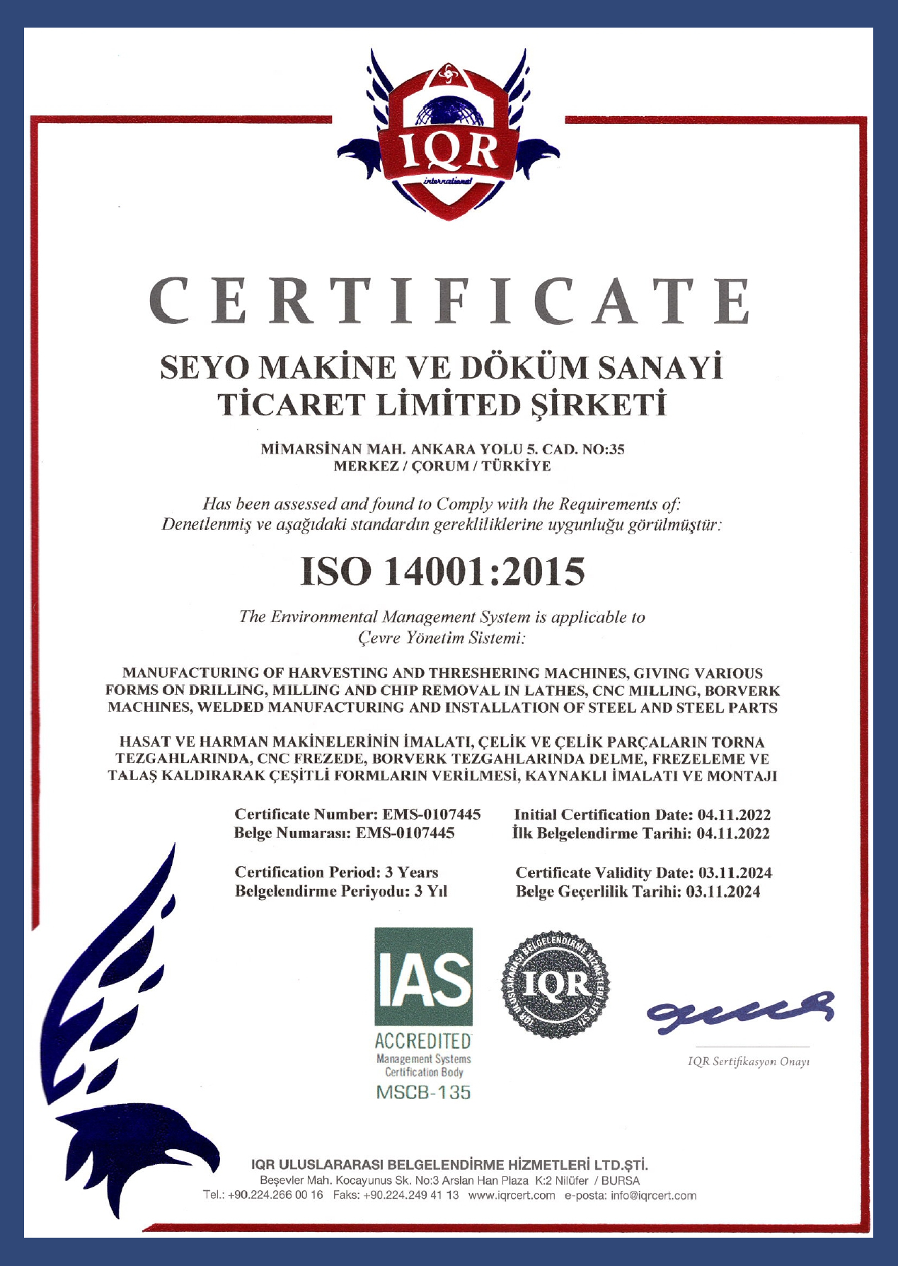SEYO MAKİNE ISO 14001